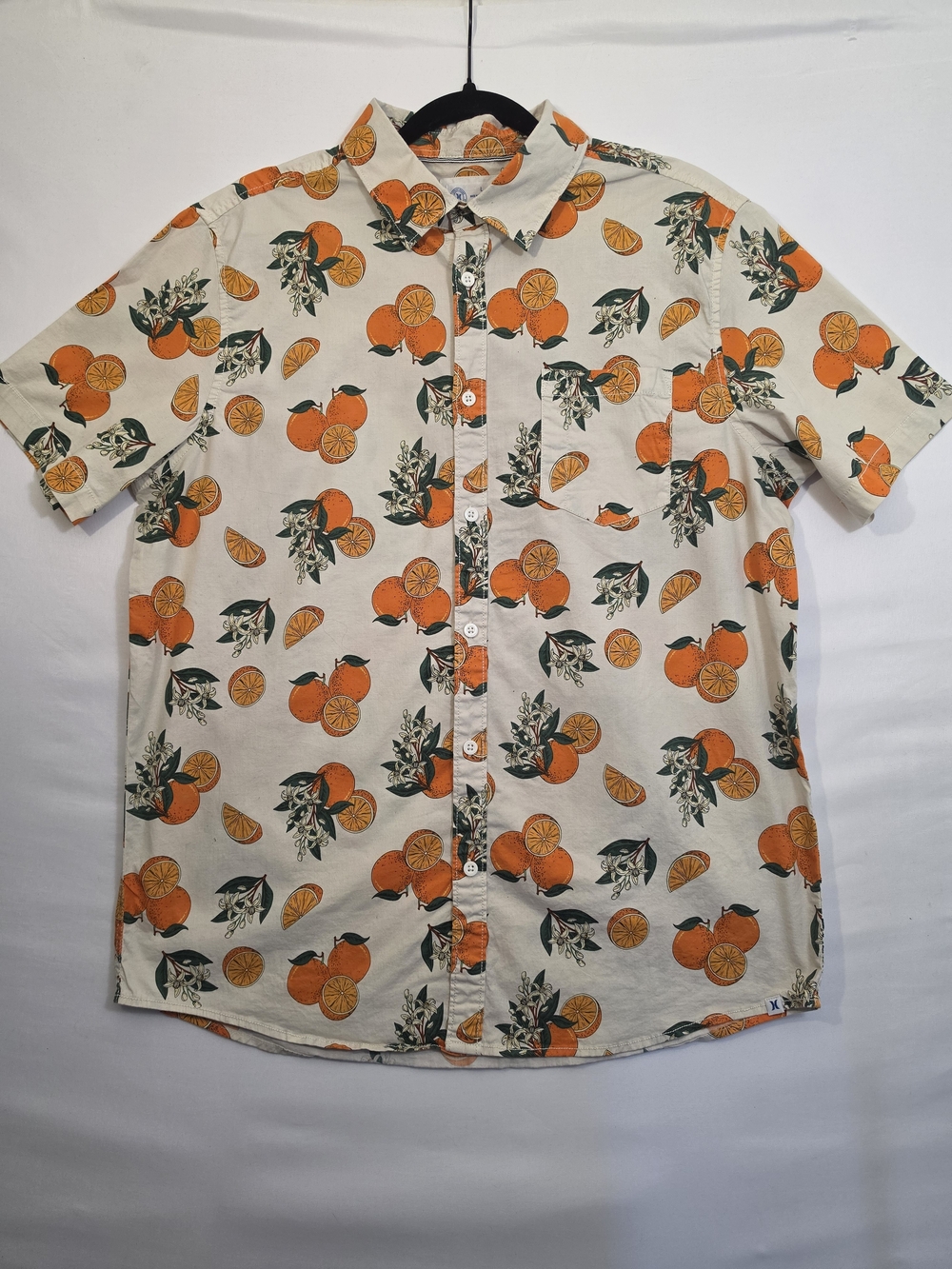 Hurley Men’s Large Orange Citrus Floral Short Sleeve Button Up Shirt Tropical